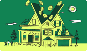 coins coming out of the roof of a house